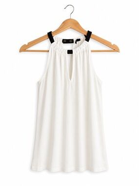 Dynamite Sleeveless Halter Top | Cream with Faux Leather Trim | XS